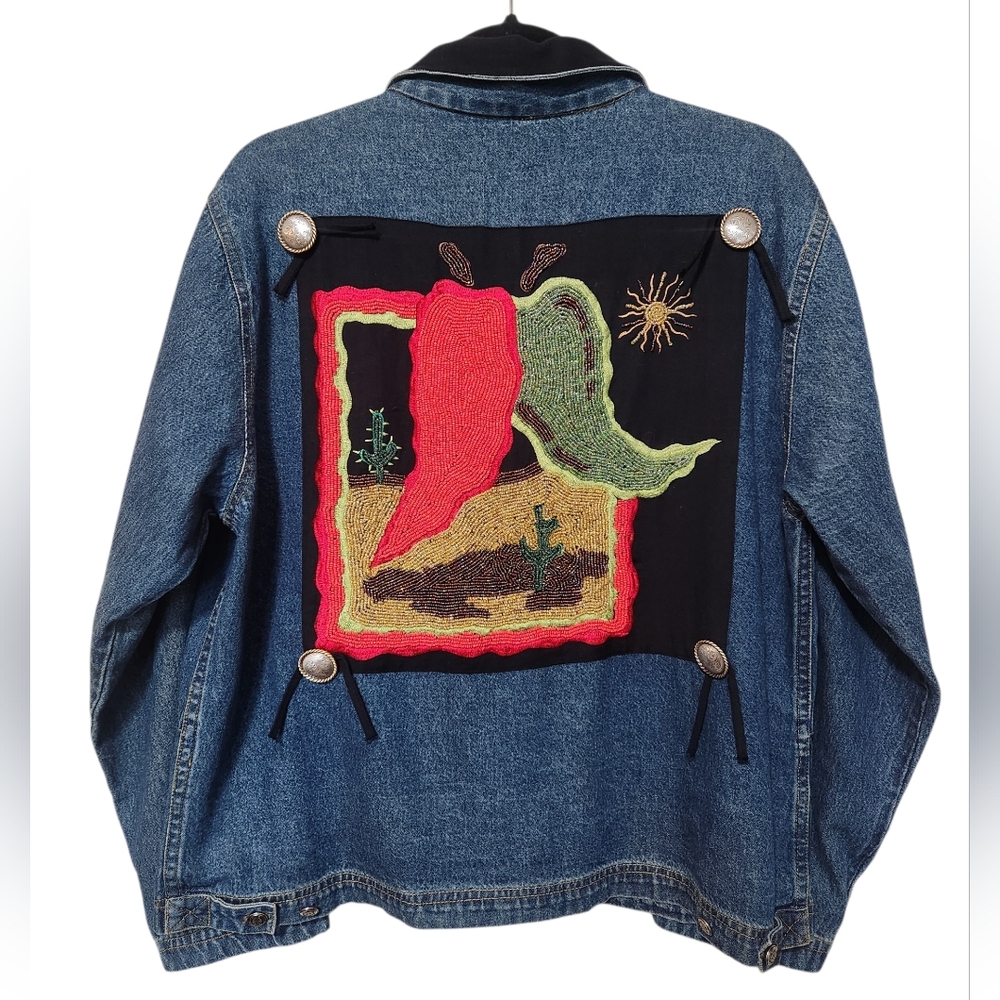 Vintage 90's Southwestern Beaded Chili Pepper Denim Jacket Ultimate PA Medium